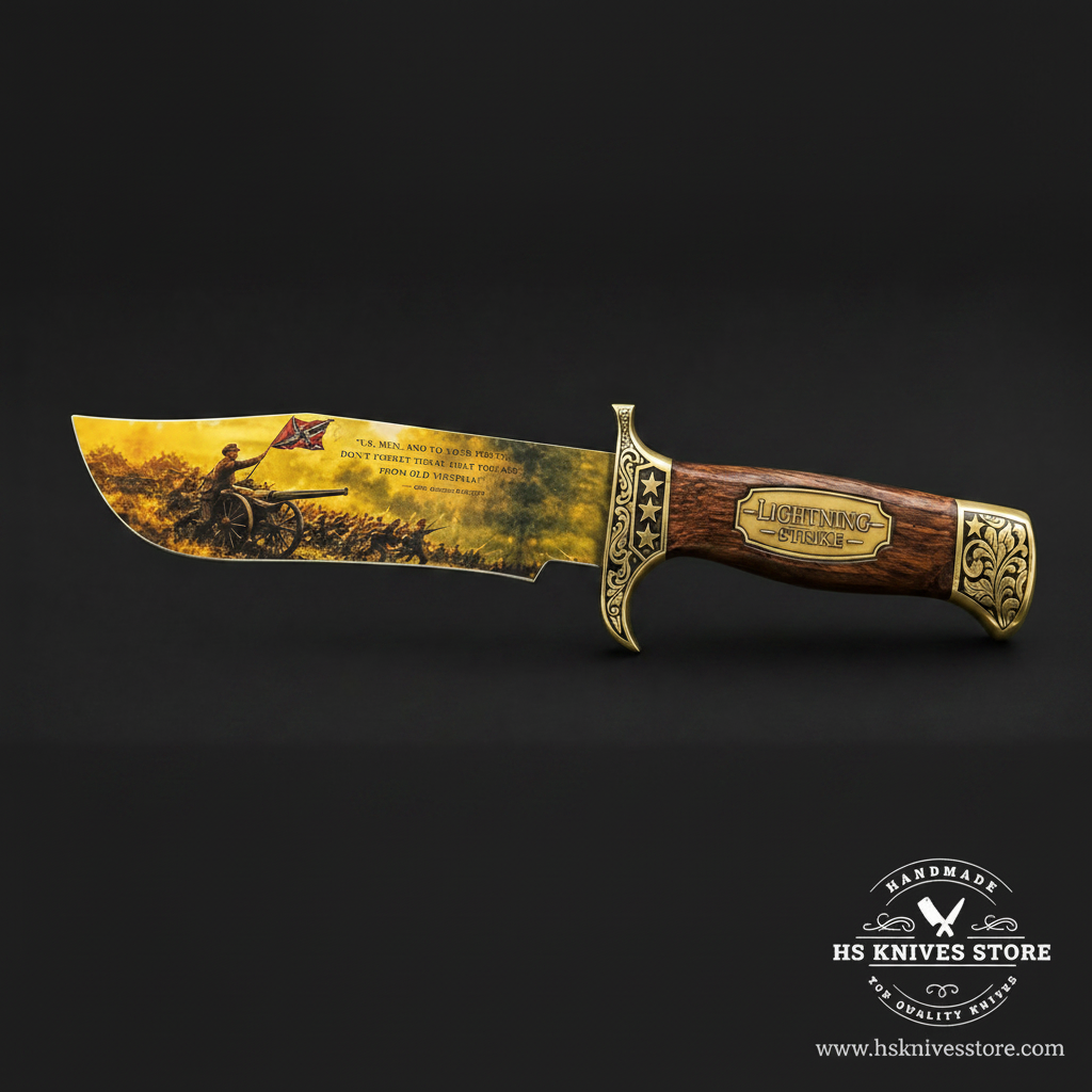 Mirrored Lightning Strike Bowie knife showing the historical artwork blade and ornate gold-tone guard