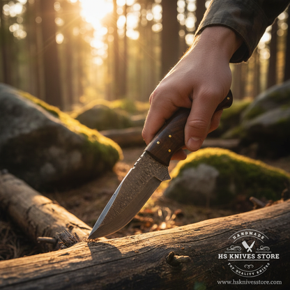 Hunter hand gripping dark walnut handle Damascus steel skinner knife in field dressing pose outdoor forest golden sunlight