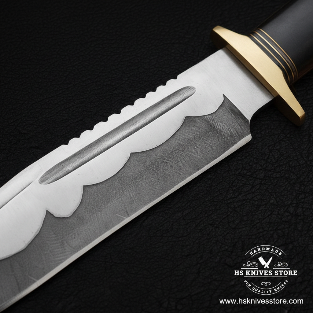 Close-up of hand forged Bowie knife blade showing scalloped wavy spine fuller groove and brass crossguard macro detail