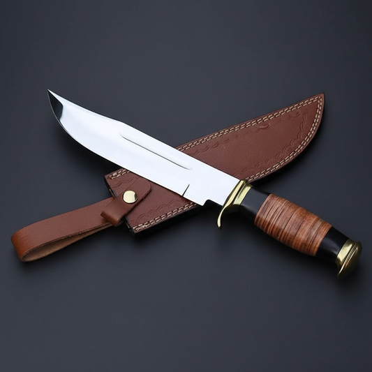 Handmade D2 steel American classic Bowie knife with stacked leather handle and brass guard, dark charcoal studio background right facing