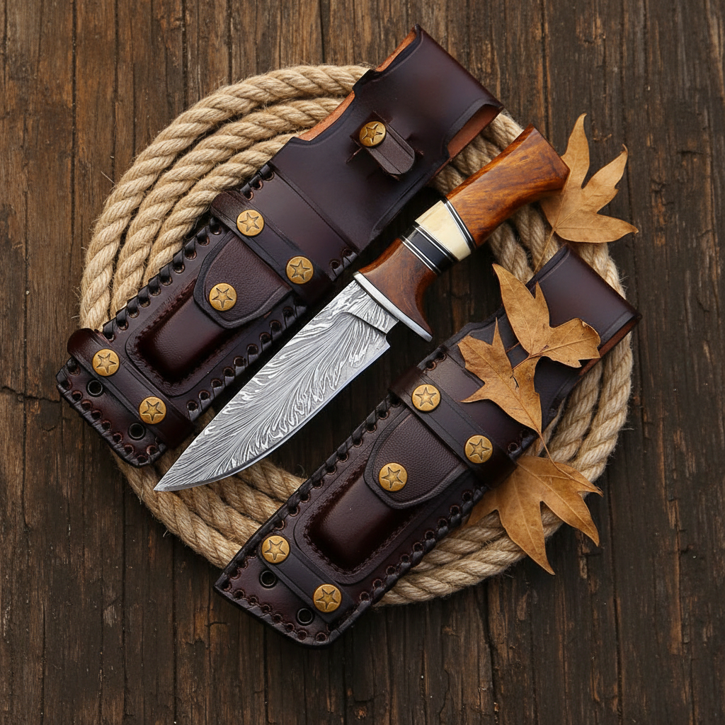 Damascus hunting knife with rosewood handle flat lay on rustic dark wood surface with brass star leather sheath and dried leaves