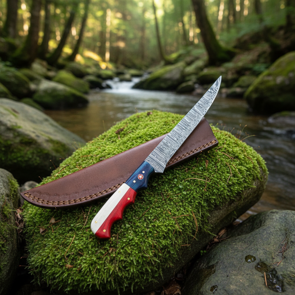 Damascus fillet knife with American flag handle resting on mossy rocks near stream in outdoor forest setting