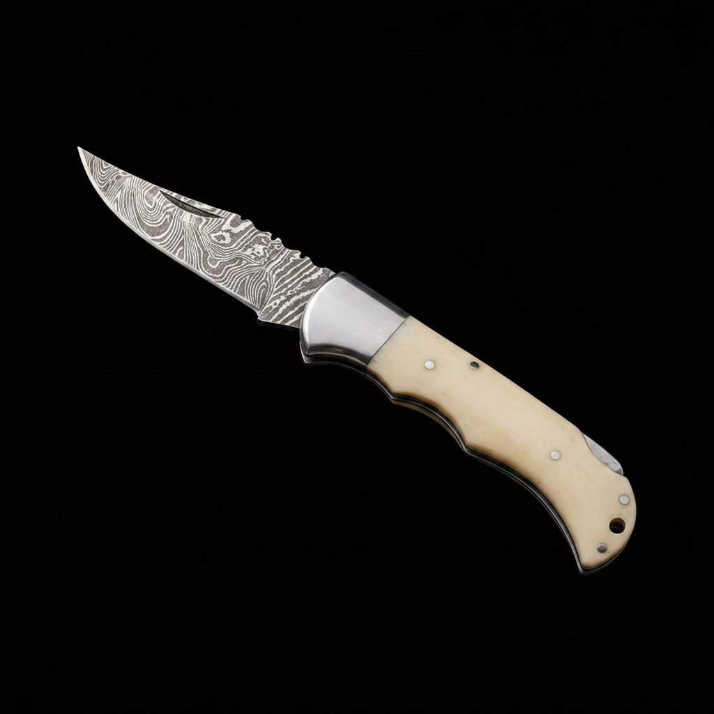 Damascus folding pocket knife white bone handle right side profile view open blade