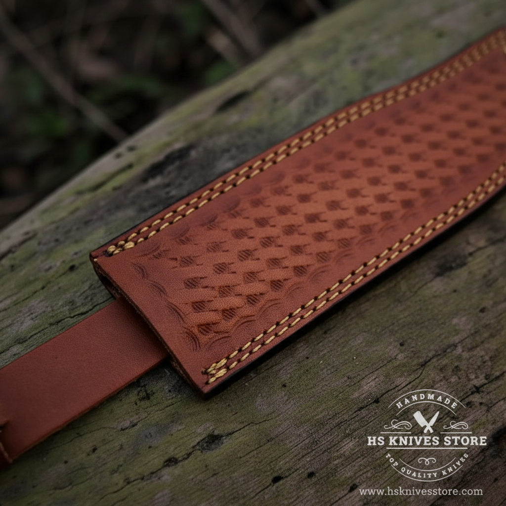 Close-up macro of rust cognac brown leather basket weave diamond embossed sheath with gold orange stitching and snap button belt loop