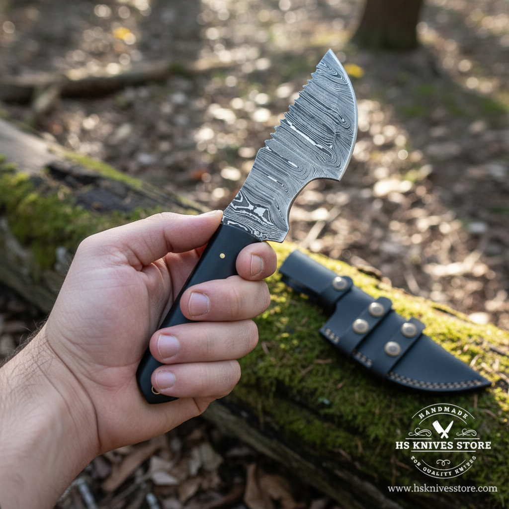 One-hand outdoor lifestyle scene featuring a black Micarta Damascus tracker hunting knife