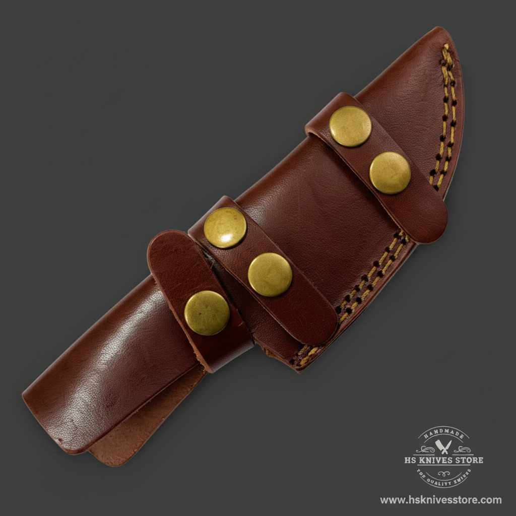 Close-up of dark brown leather knife sheath with 4 large brass dome studs and tan gold stitching and double belt loop