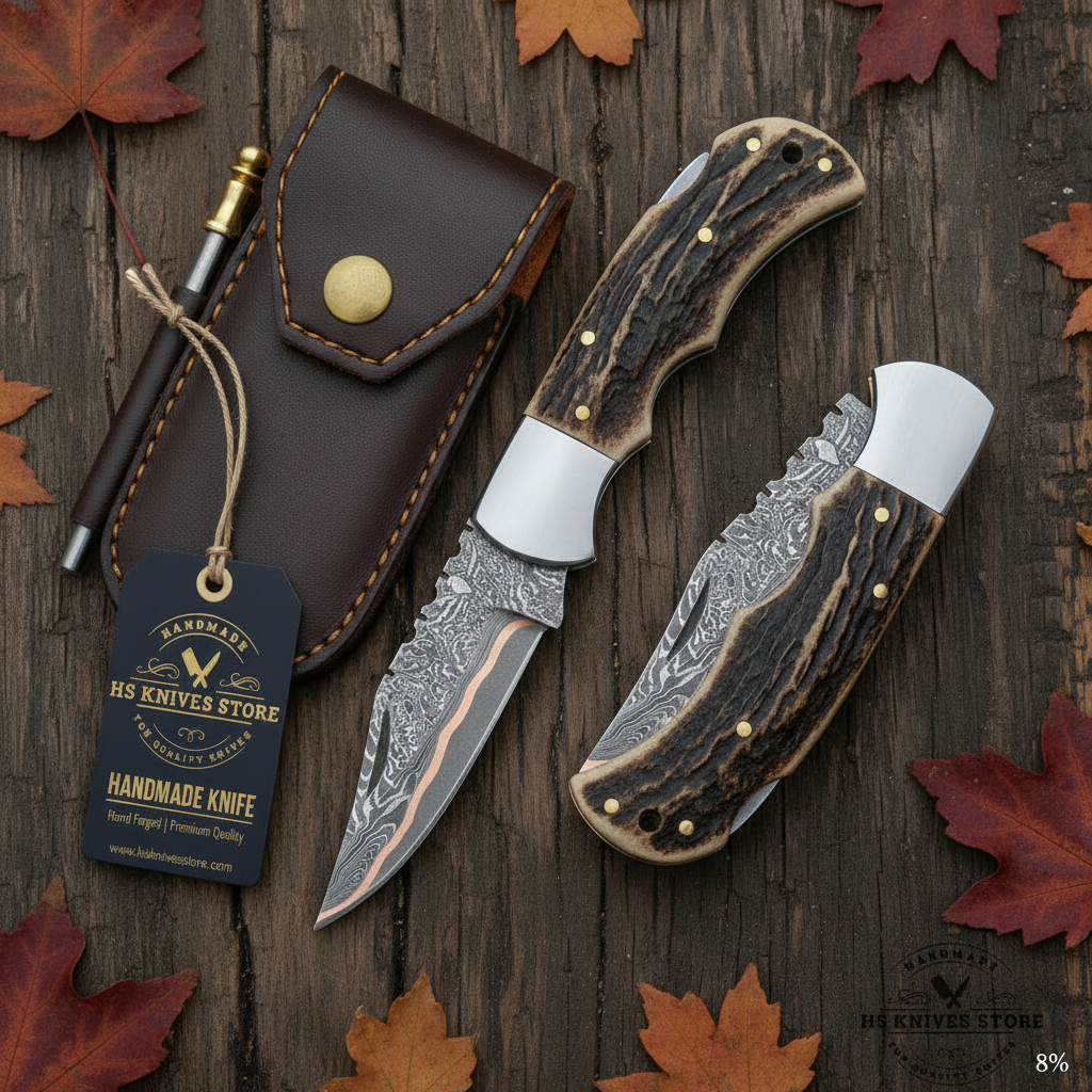 Damascus folding knife flat lay with stag handle and HS Knives Store hang tag on rustic wood with autumn leaves