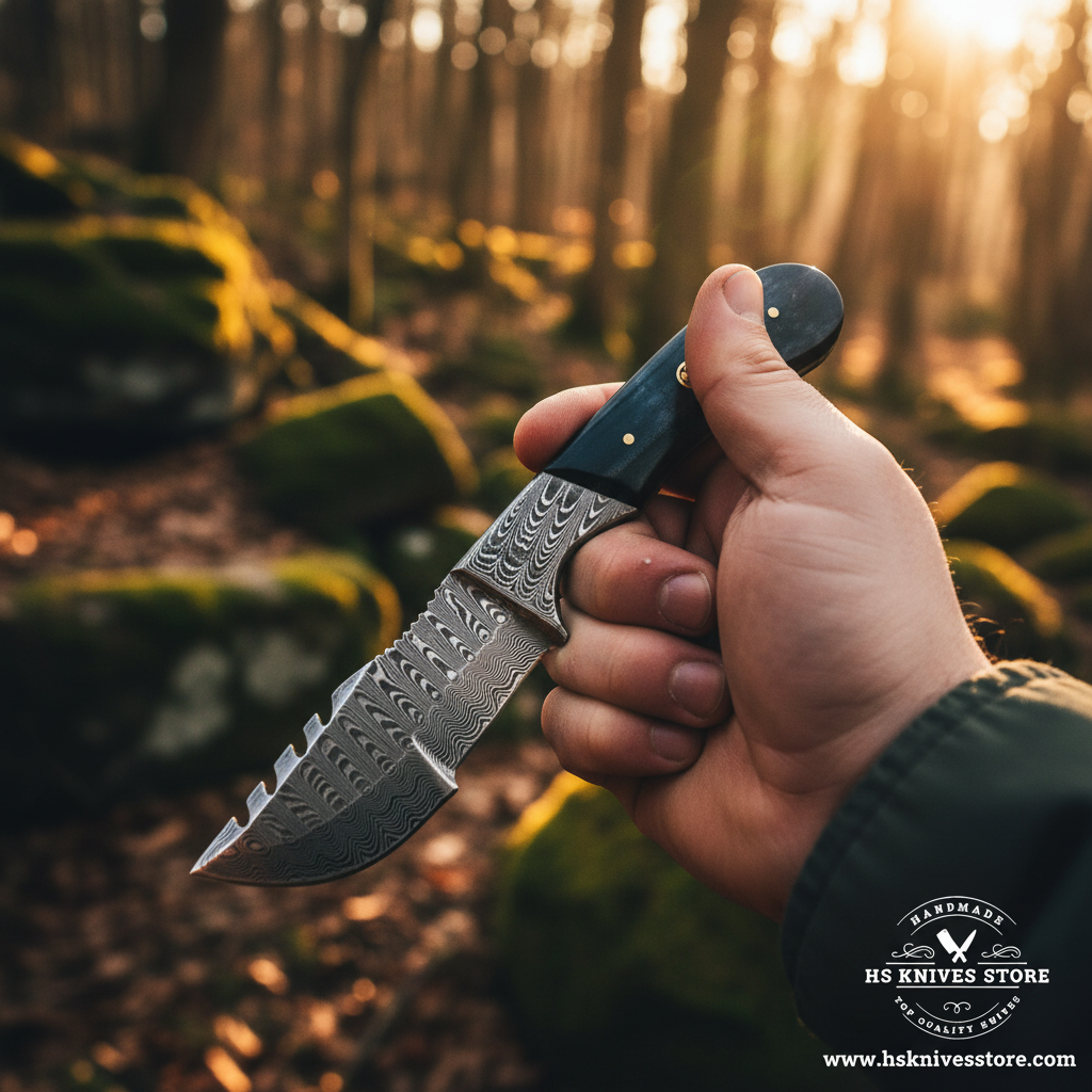 Hand gripping bone handle Damascus gut hook knife in outdoor forest action shot with golden hour light