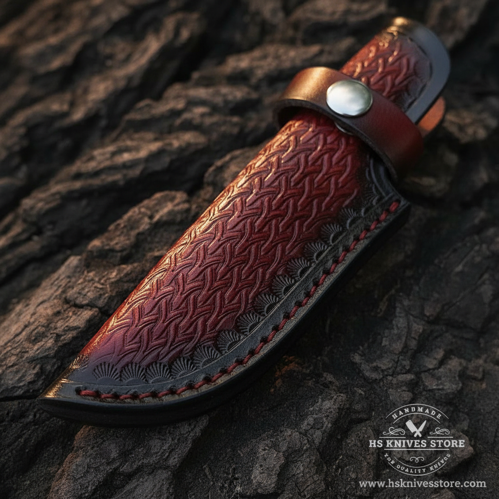 Close-up macro of deep burgundy oxblood red leather sheath with diamond basket weave embossed tooling and black border and silver snap button