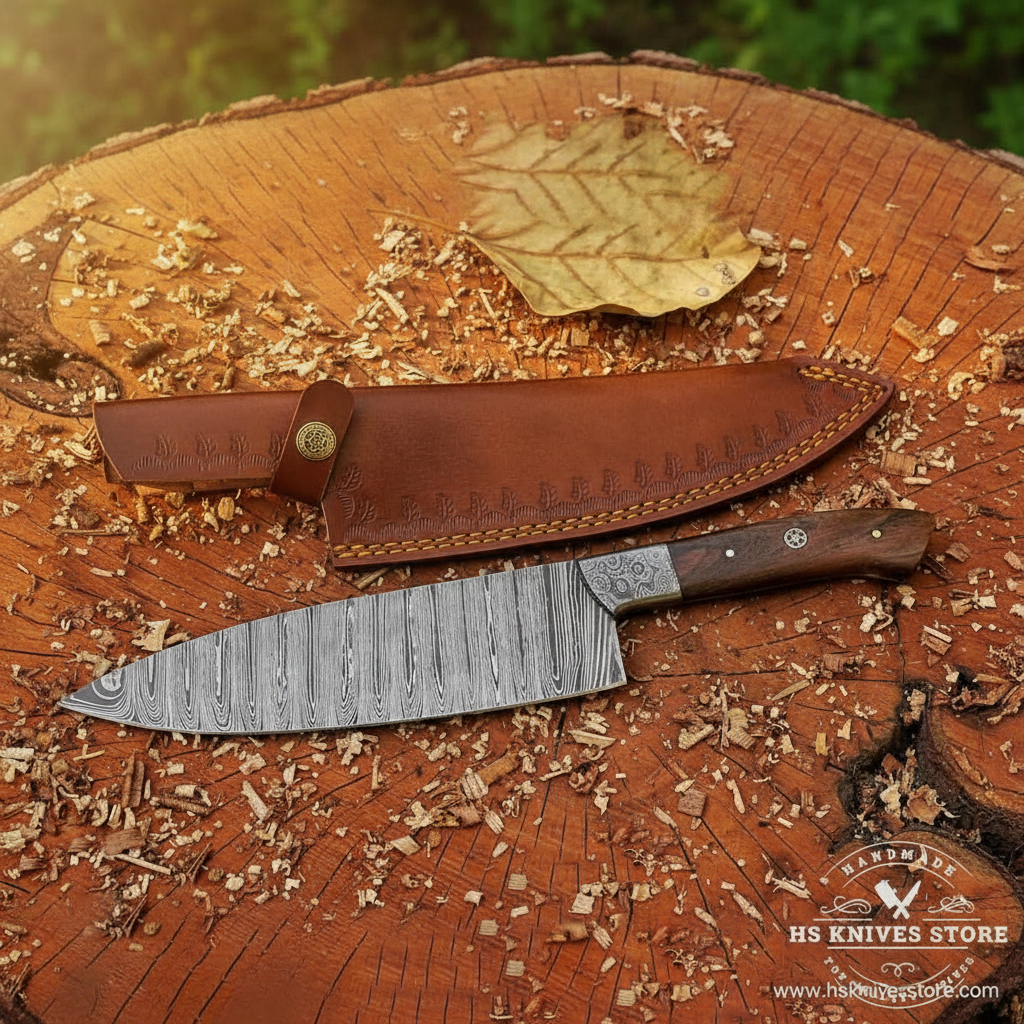 Damascus chef knife outdoor tree stump wood shavings forest golden sunlight