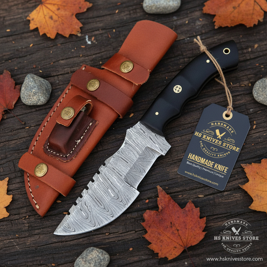 Damascus steel tracker knife black micarta handle flat lay on dark rustic wood with HS Knives Store hang tag attached autumn leaves