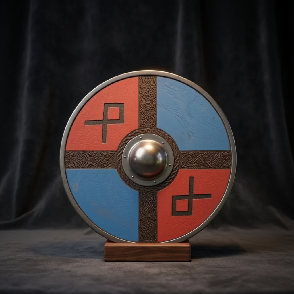 Exact red and blue round wooden Viking shield with carved Nordic bands and raised metal center boss on a wooden stand
