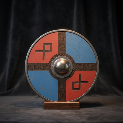 Exact red and blue round wooden Viking shield with carved Nordic bands and raised metal center boss on a wooden stand