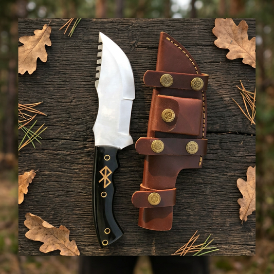 D2 tracker knife with micarta handle and separate sheath on woodland timber