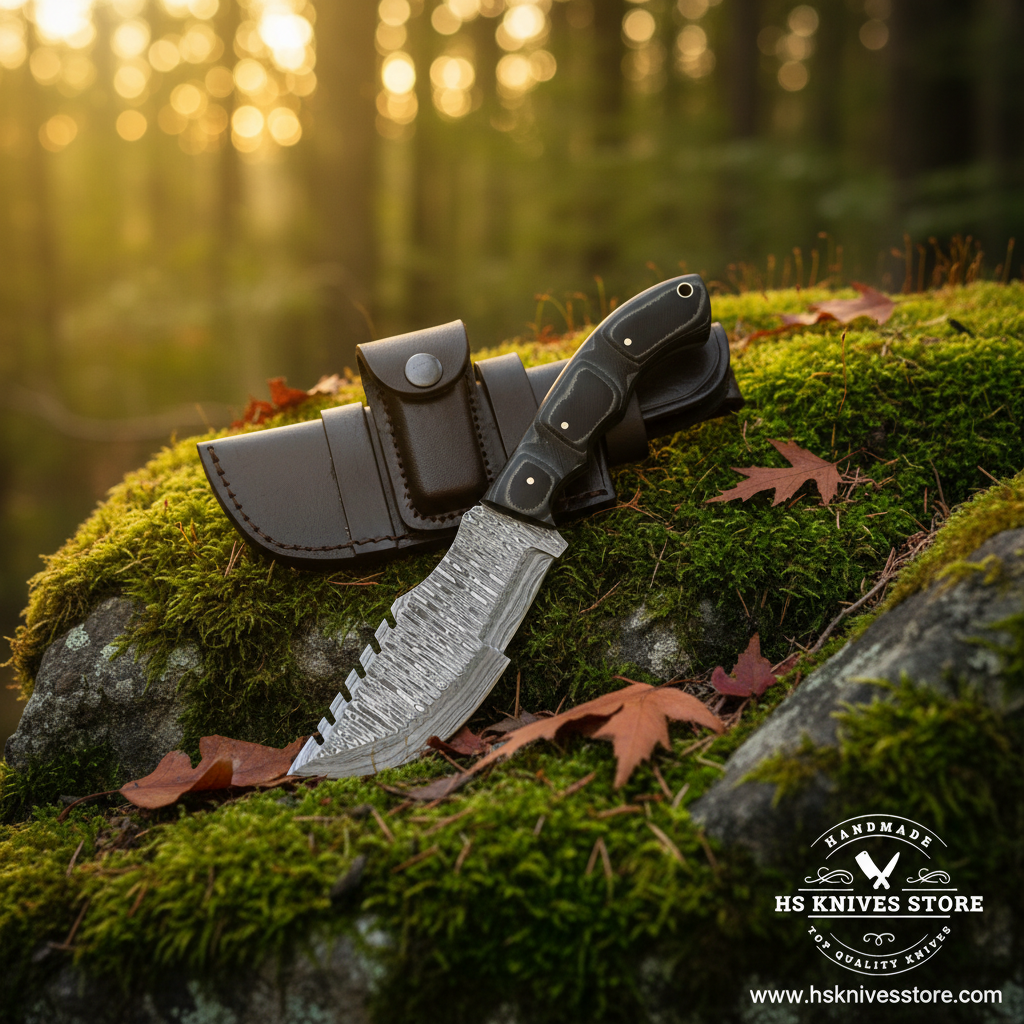 Damascus tracker knife with black Micarta handle and leather sheath resting on mossy rocks in forest setting