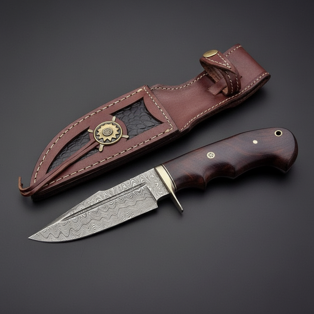 Damascus steel hunting knife with walnut handle and leather sheath, mirror studio shot left facing