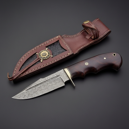 Damascus steel hunting knife with walnut handle and leather sheath, mirror studio shot left facing