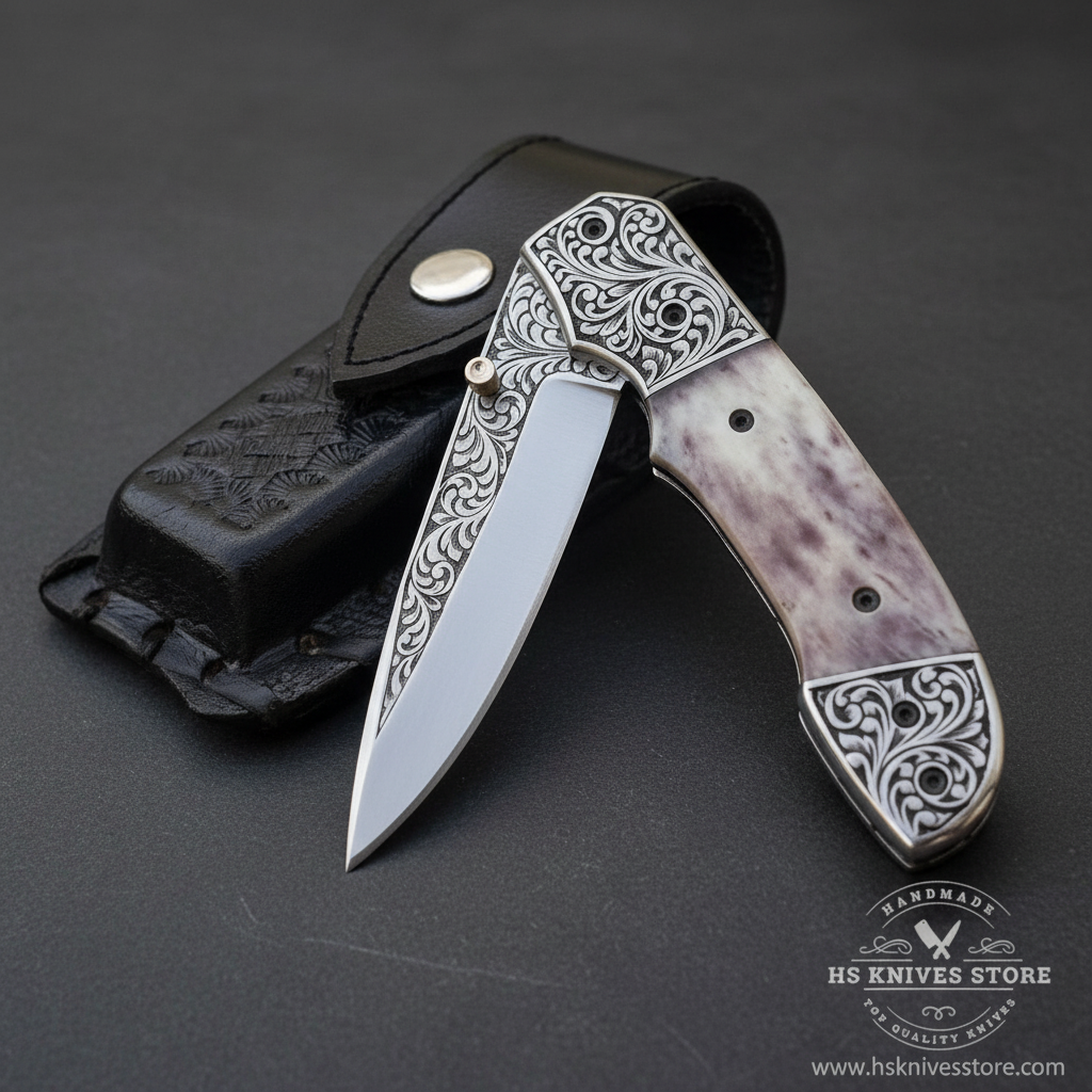 Camel bone handle folding knife open blade floral engraved steel bolsters liner lock black leather sheath dark charcoal studio background