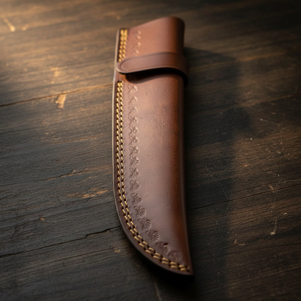 Brown leather fillet knife sheath with gold stitching detail macro shot on rustic wood surface