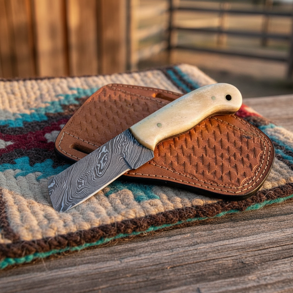 Damascus steel cowboy bull cutter knife on a Western saddle blanket