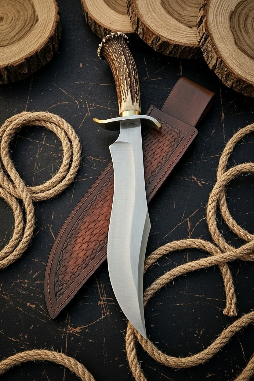 D2 steel Bowie knife vertical display on dark slate blade pointing up luxury collector photography