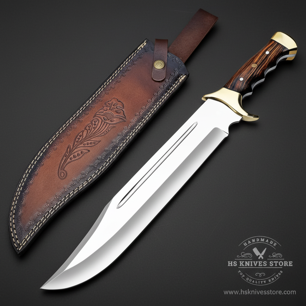 D2 steel Bowie knife dark rosewood handle large brass bolster mirror polished blade dark brown floral leather sheath dark charcoal studio background