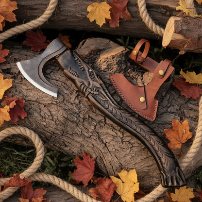Viking bearded axe flat lay on rustic dark wood with autumn leaves and rope overhead view