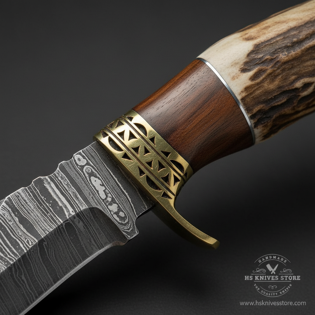 Close-up macro of stag handle with warm brown natural texture and dark walnut wood section and ornate brass filigree crossguard and brass pommel cap