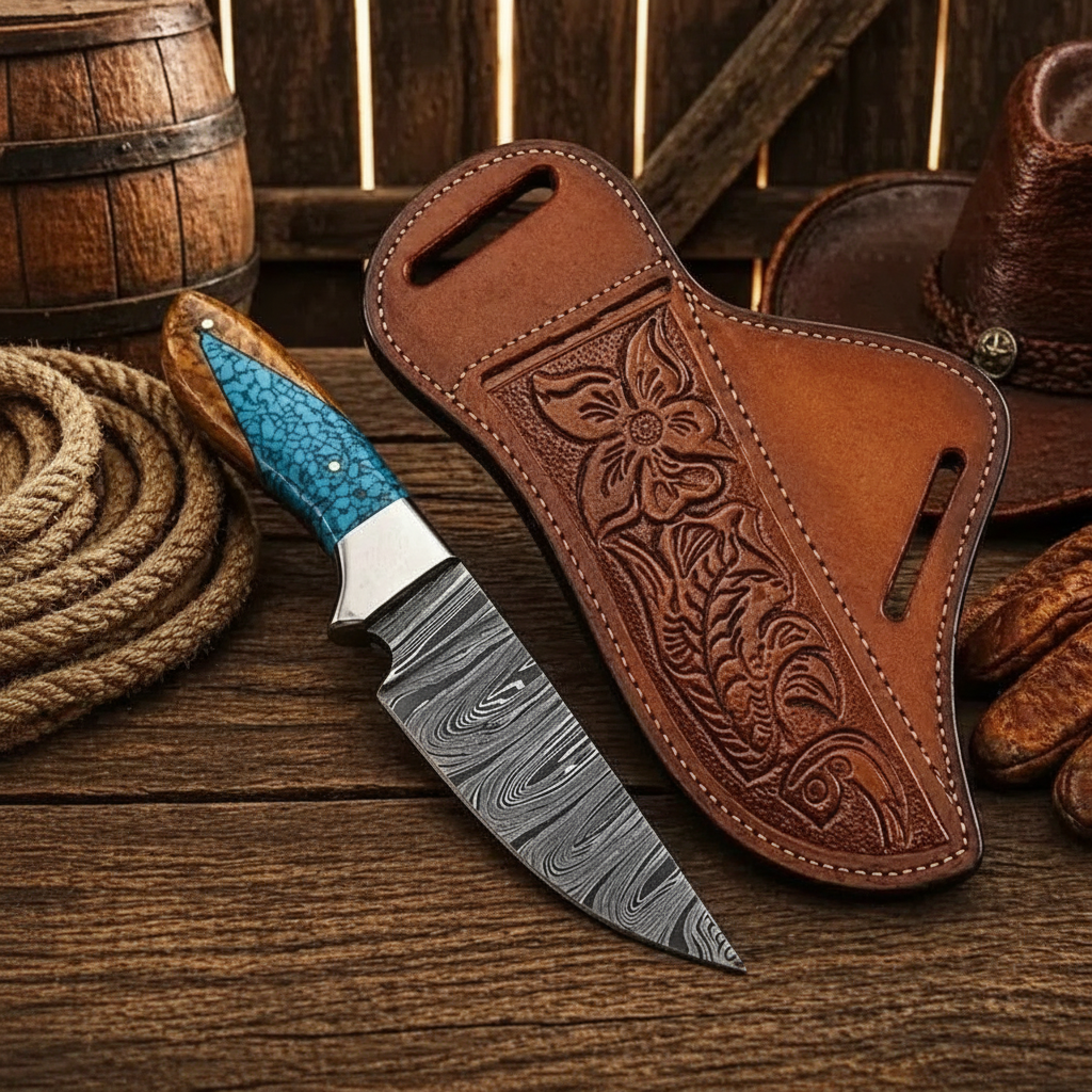 Damascus hunting knife turquoise handle flat lay wood surface floral leather sheath
