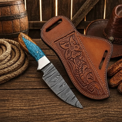 Damascus hunting knife turquoise handle flat lay wood surface floral leather sheath