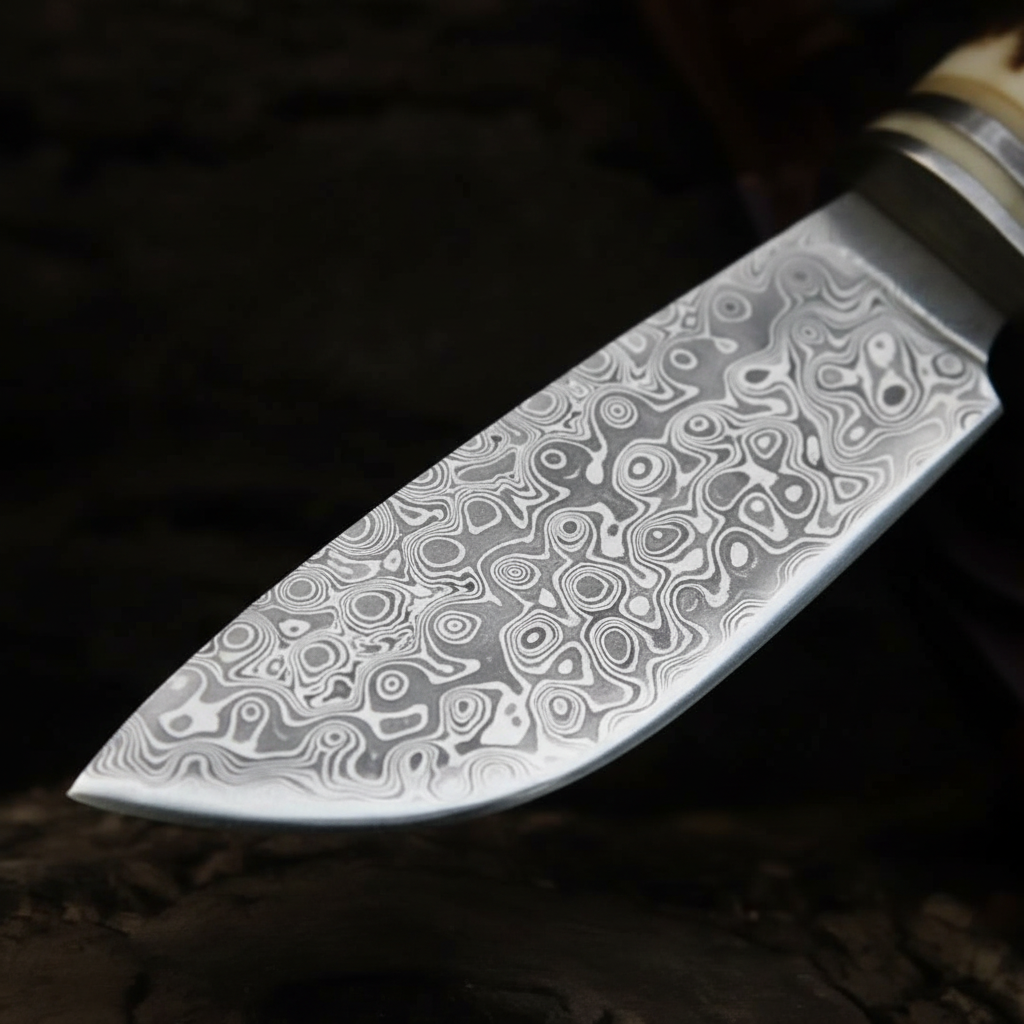 Macro detail of hand-forged Damascus steel blade showing bold swirling circular pattern and razor sharp edge on hunting knife