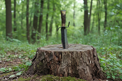 D2 steel Bowie knife with hammered spine stabbed into tree stump in forest green leaves outdoor hunting photography
