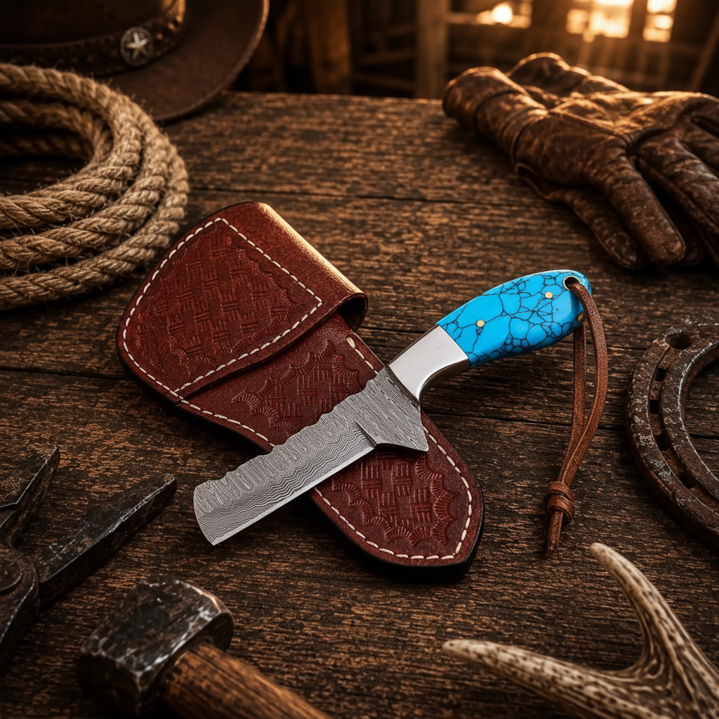 Front view of a handmade turquoise Cowboy Bull Cutter Knife with 1095 and 15N20 Damascus blade and leather side pancake sheath