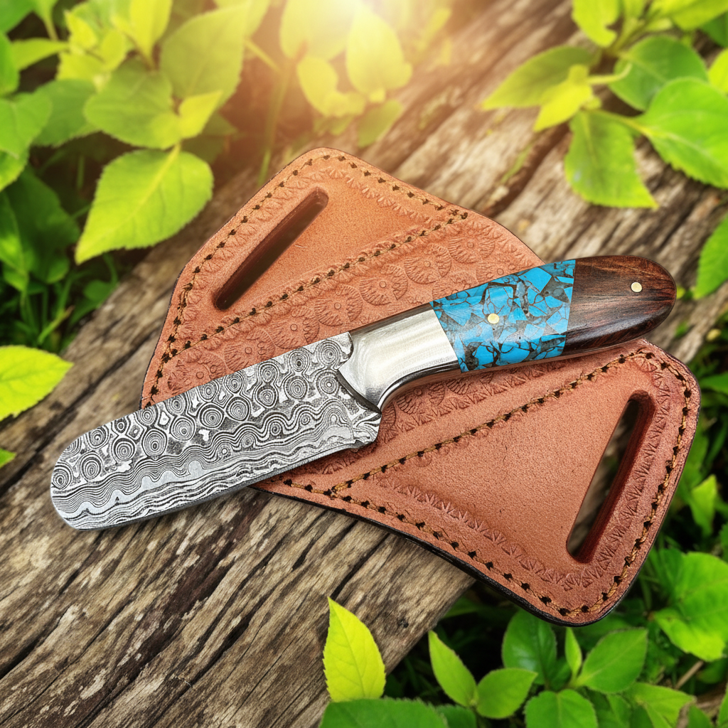 handmade-damascus-bull-cutter-knife-outdoor-lifestyle-rustic-wood-green-leaves