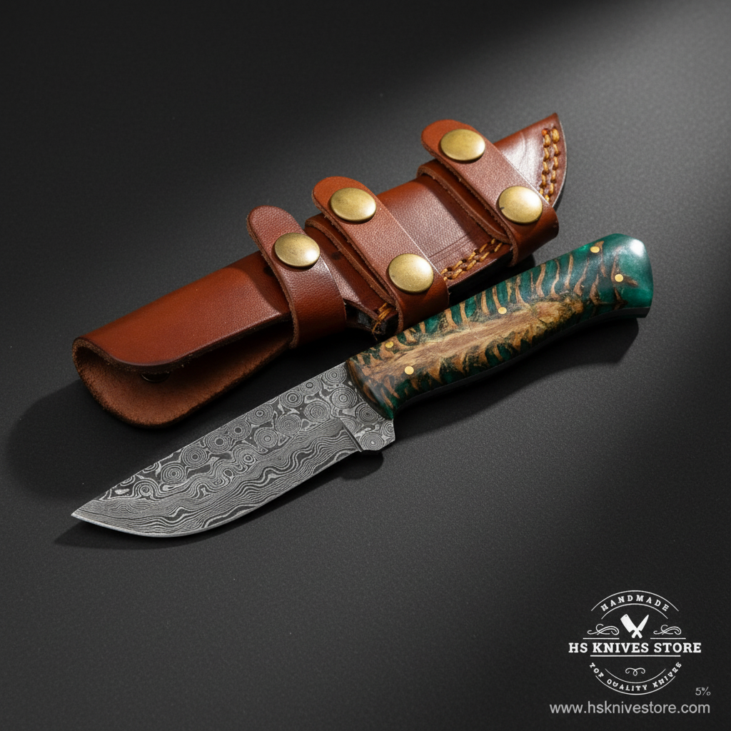 Damascus skinner knife with green resin pine cone handle and tan leather belt sheath mirror view on dark charcoal background