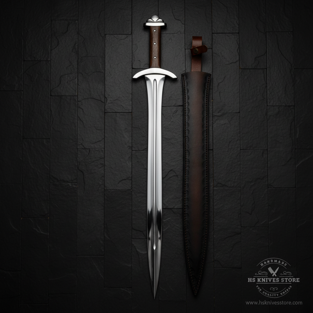 Vertical luxury shot of D2 steel Viking sword with rosewood handle on dark slate background blade pointing up