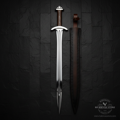Vertical luxury shot of D2 steel Viking sword with rosewood handle on dark slate background blade pointing up