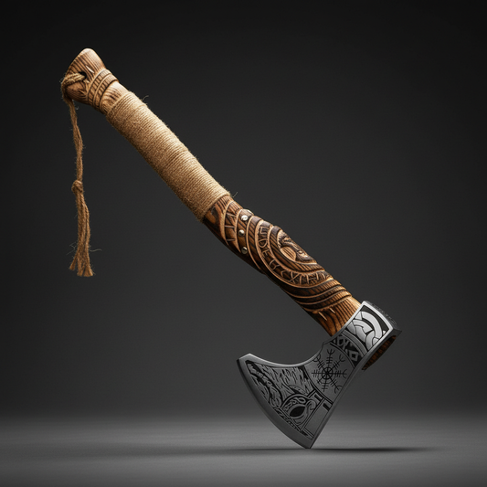 Norse engraved Viking axe with carved handle and rope wrap, dark charcoal studio background right facing