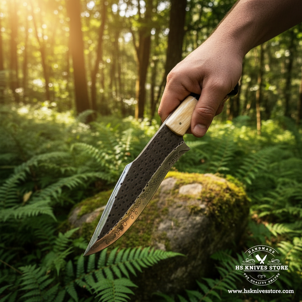 Hand gripping two-tone bone and horn handle carbon steel Bowie knife in outdoor forest action shot with golden light