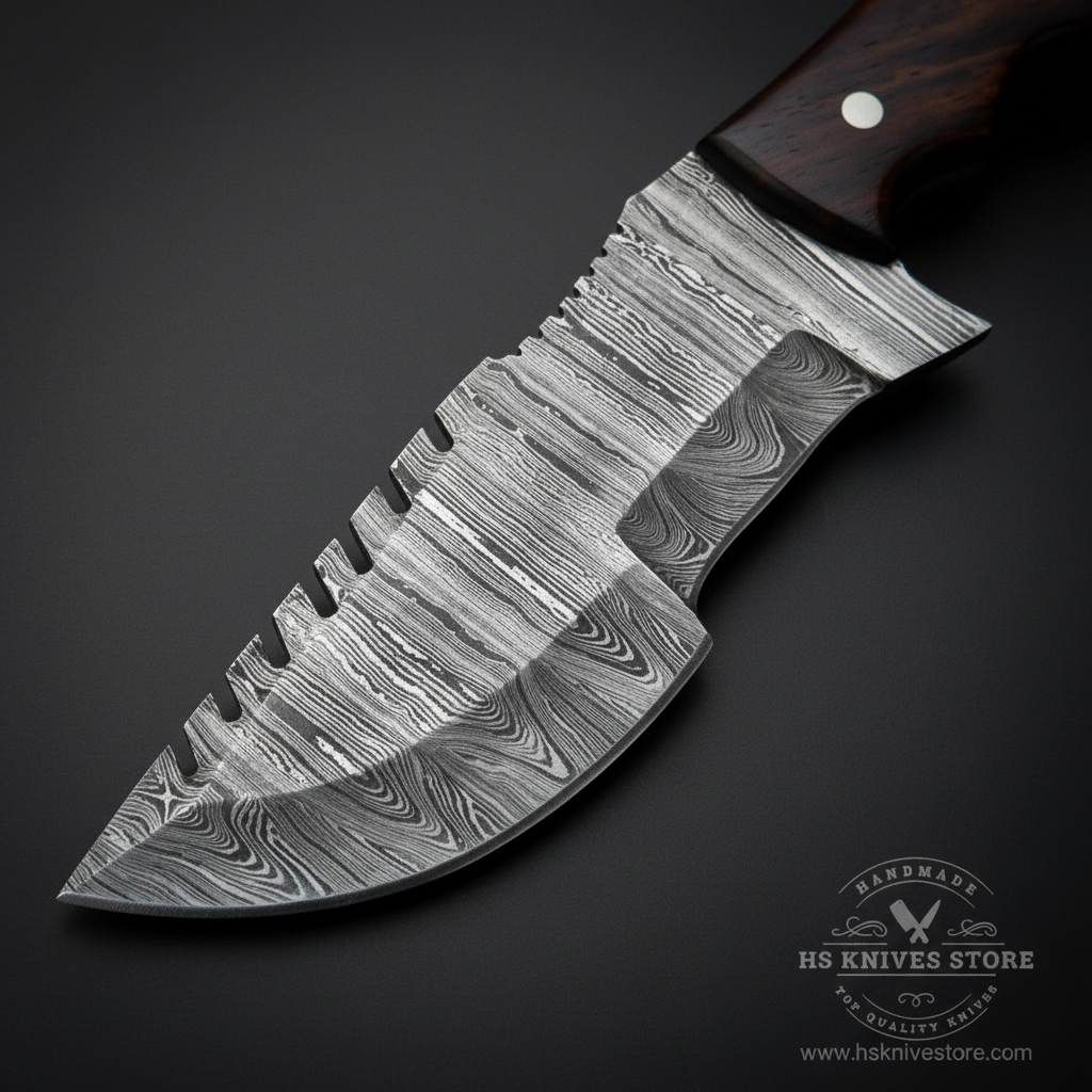A close-up of a fixed-blade knife with a patterned Damascus steel blade and a dark wood handle, shown on a dark background with an HS Knives Store watermark.