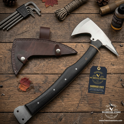 Flat lay carbon steel tomahawk axe black micarta handle HS Knives Store hang tag dark rustic wood autumn leaves