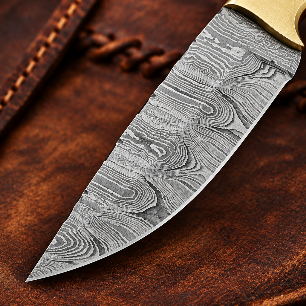 Close-up of the flowing hand-forged Damascus Steel pattern on the Cowboy Champion knife blade