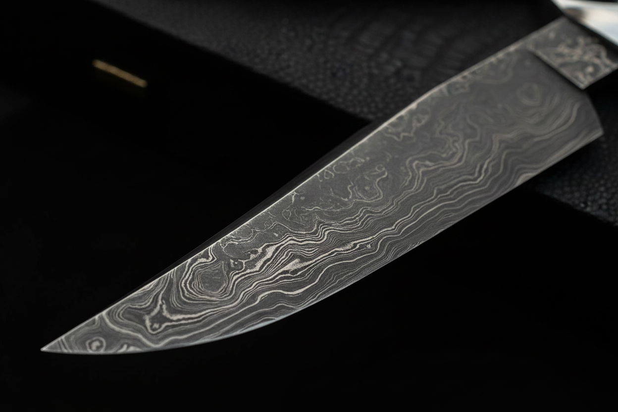 Close up macro shot of Damascus steel Bowie knife blade showing intricate wavy Damascus pattern acid etched finish and sharp tapered tip