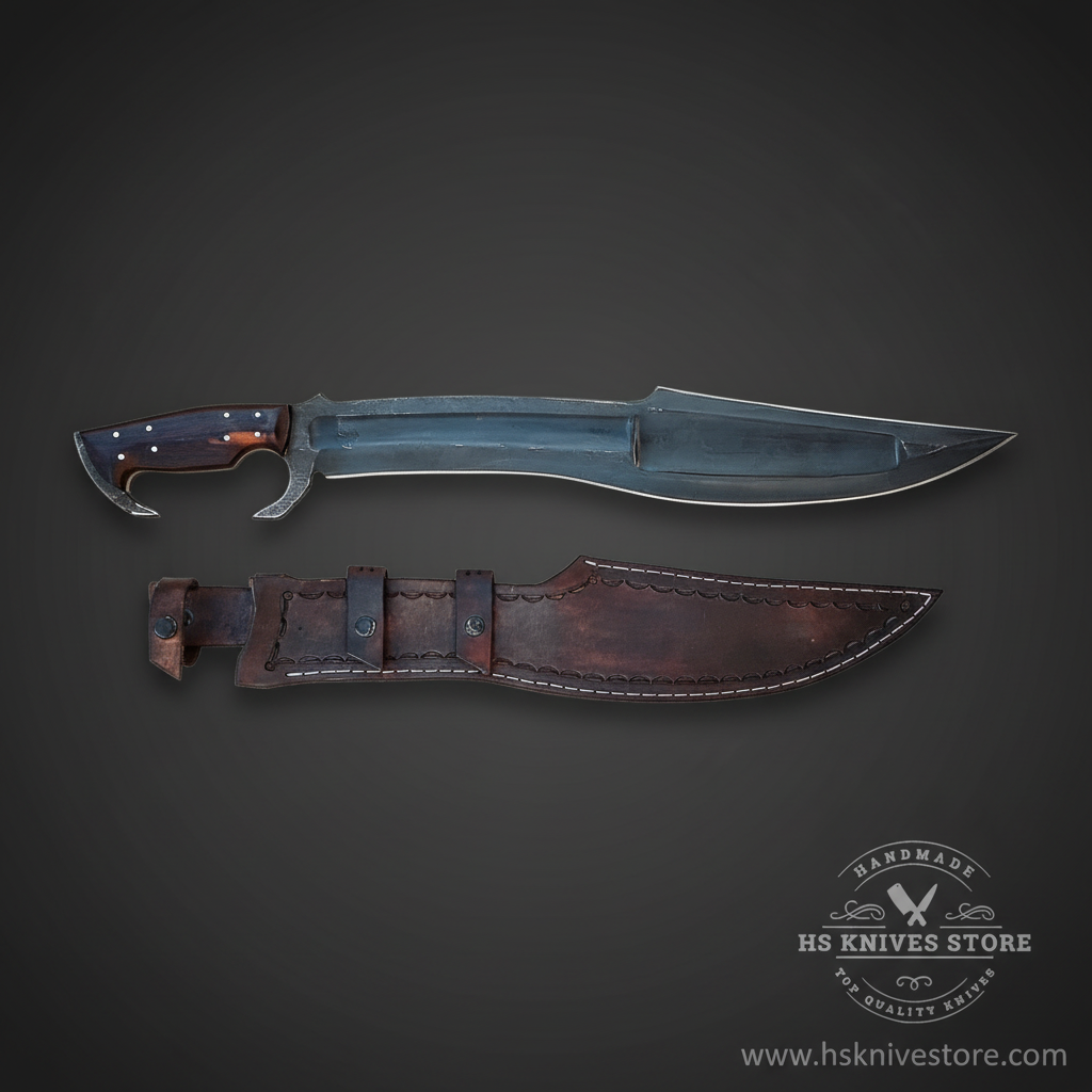 Spartan Kopis sword carbon steel black stone-wash coating rosewood handle hook guard dark charcoal studio mirror