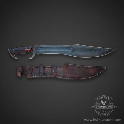 Spartan Kopis sword carbon steel black stone-wash coating rosewood handle hook guard dark charcoal studio mirror