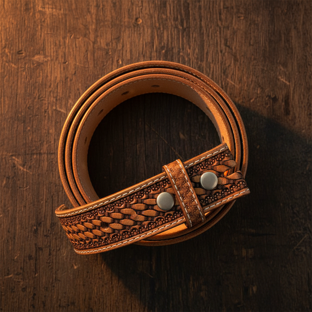 Hand-tooled western leather belt flat lay rustic wood surface coiled amber lighting