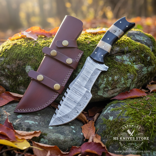 Damascus tracker knife bone buffalo horn handle on mossy rocks outdoor forest setting with dark burgundy multi-pocket leather sheath