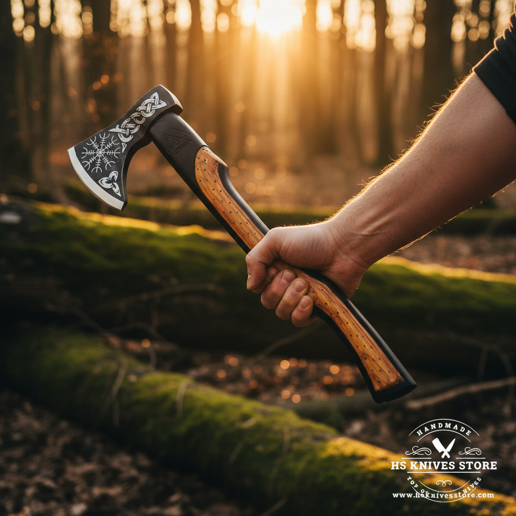 Hand gripping ash wood handle of Viking Norse tomahawk axe raised in outdoor action shot with golden forest light