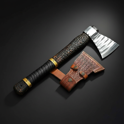 Viking axe mirror left facing studio dark charcoal background leather handle brass rings