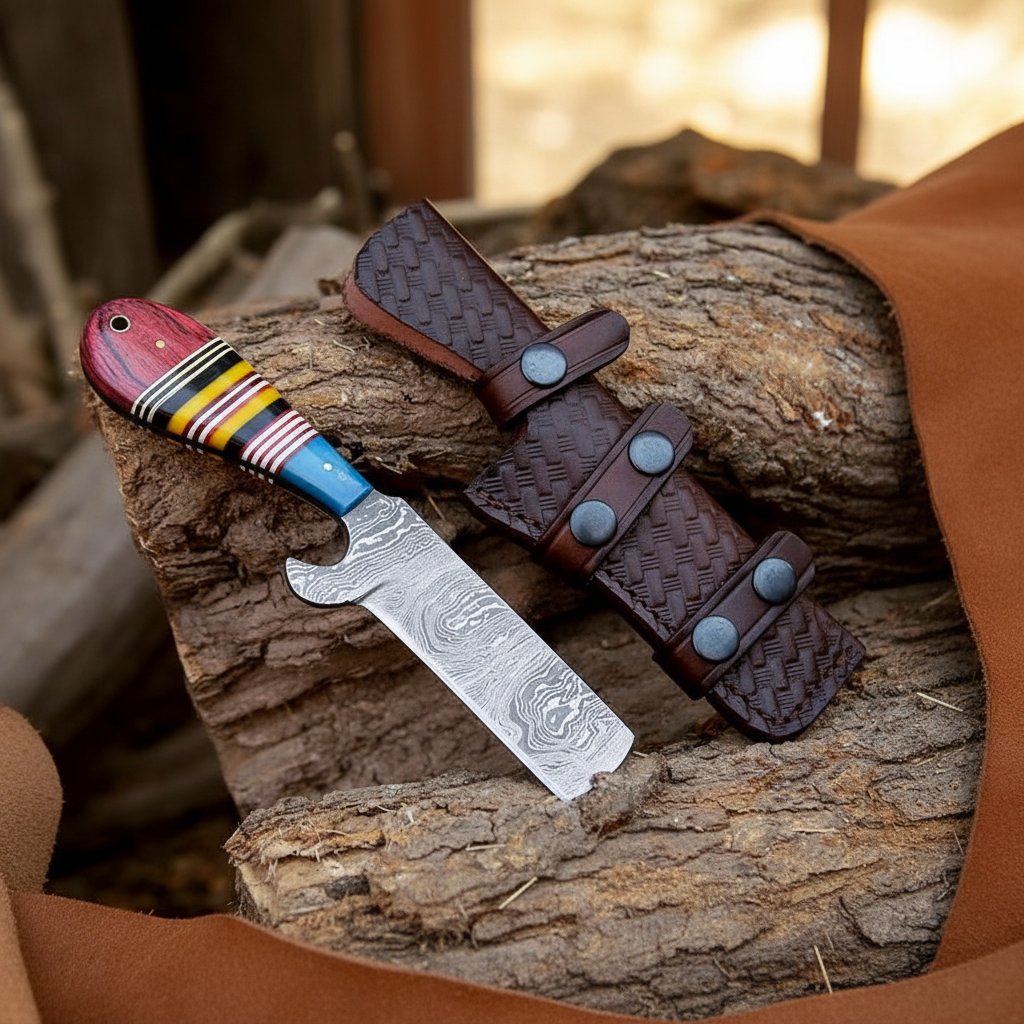 Damascus steel cowboy hunting knife with original resin handle in a Western cabin